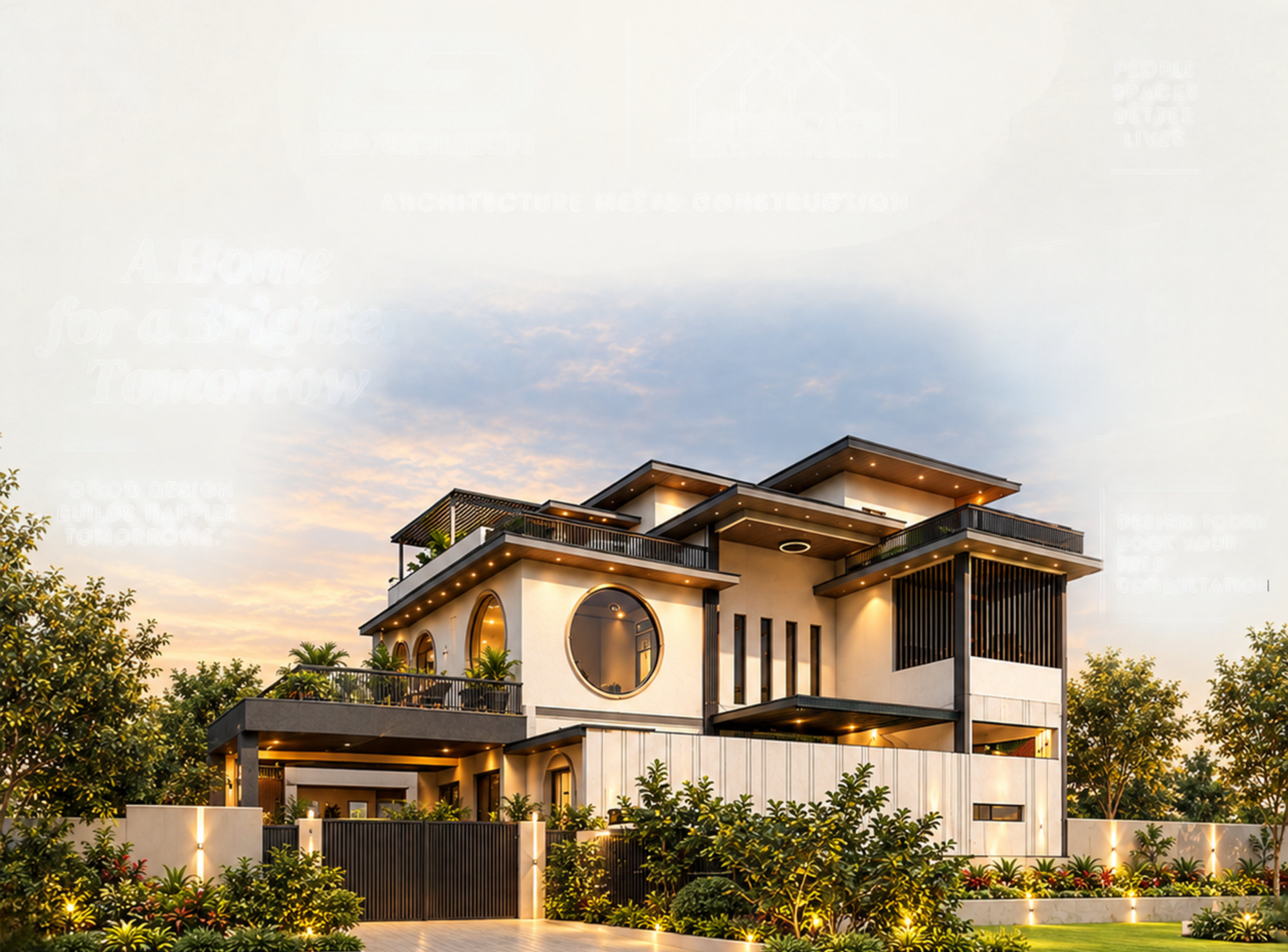 Interlace Realty villa project with circular windows, broad terraces and warm evening lighting